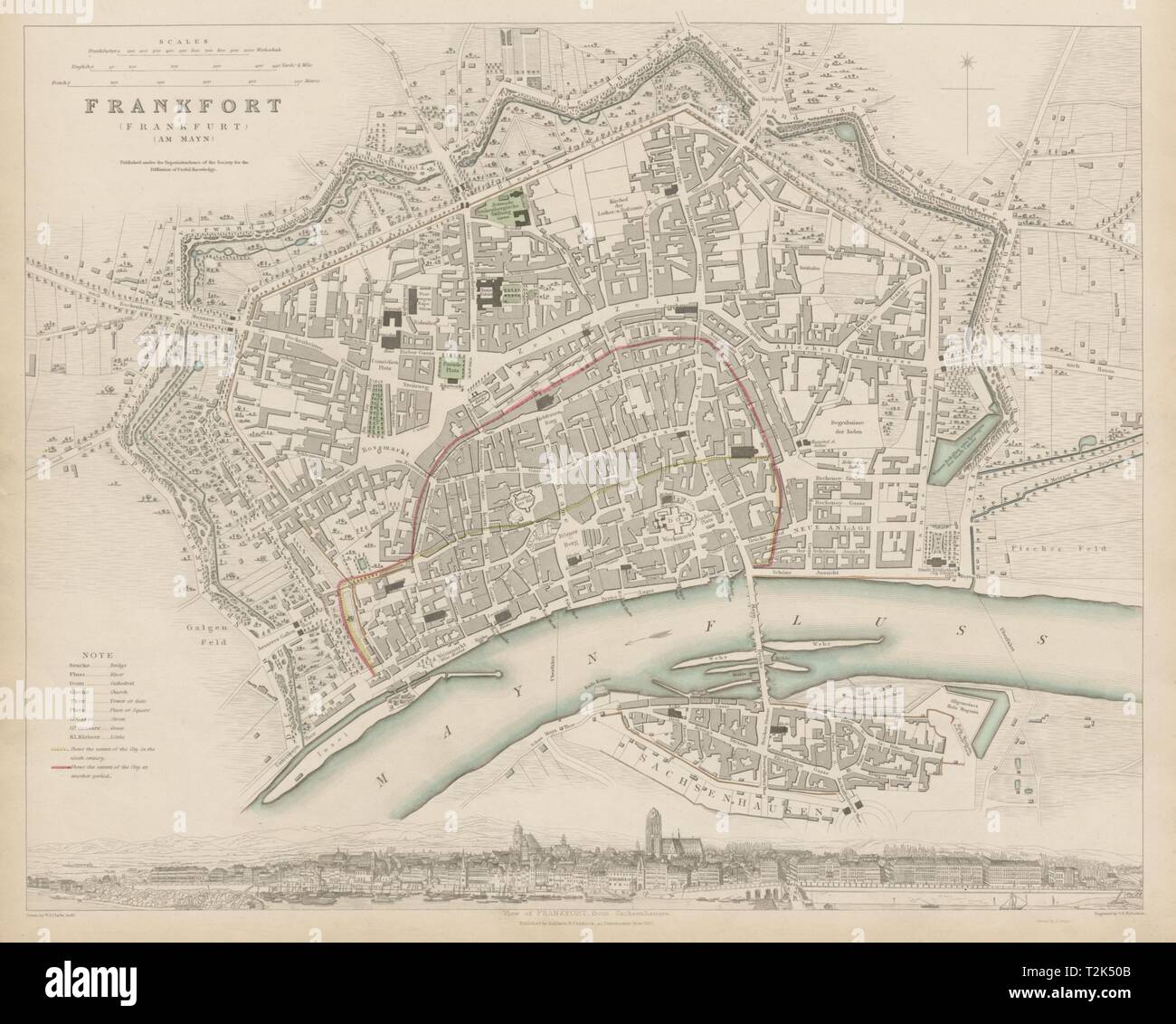 FRANKFURT AM MAIN antique town city map plan. Panorama.am Mayn. SDUK 1844 Stock Photo