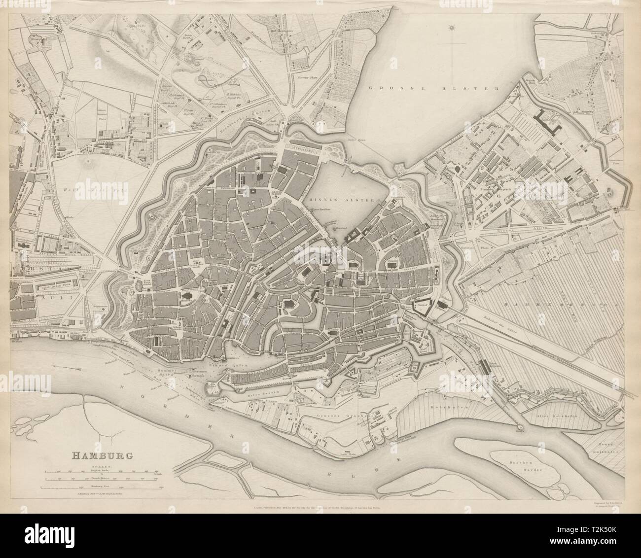 HAMBURG antique town city map plan. St Pauli. Hafencity. SDUK 1844 old Stock Photo