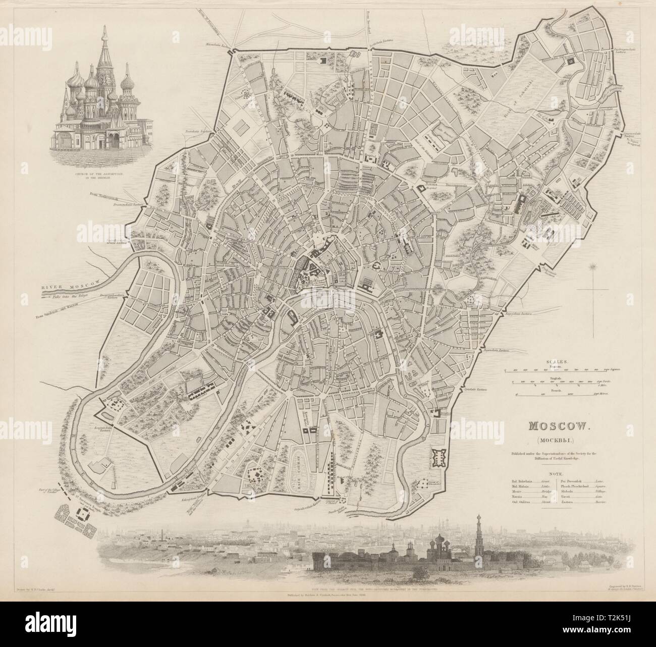 MOSCOW MOSKAU antique town city map plan & panorama. Kremlin. SDUK 1844 Stock Photo