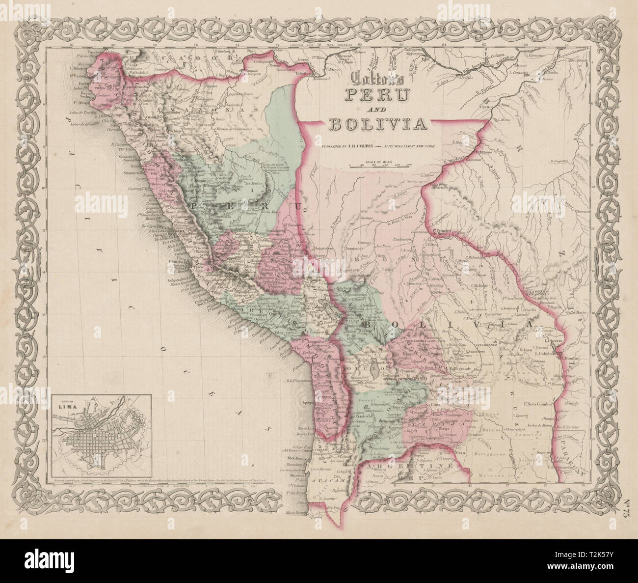 'Colton's Peru and Bolivia' w/ Litoral coast pre 1879 War. Lima plan 1863 map Stock Photo