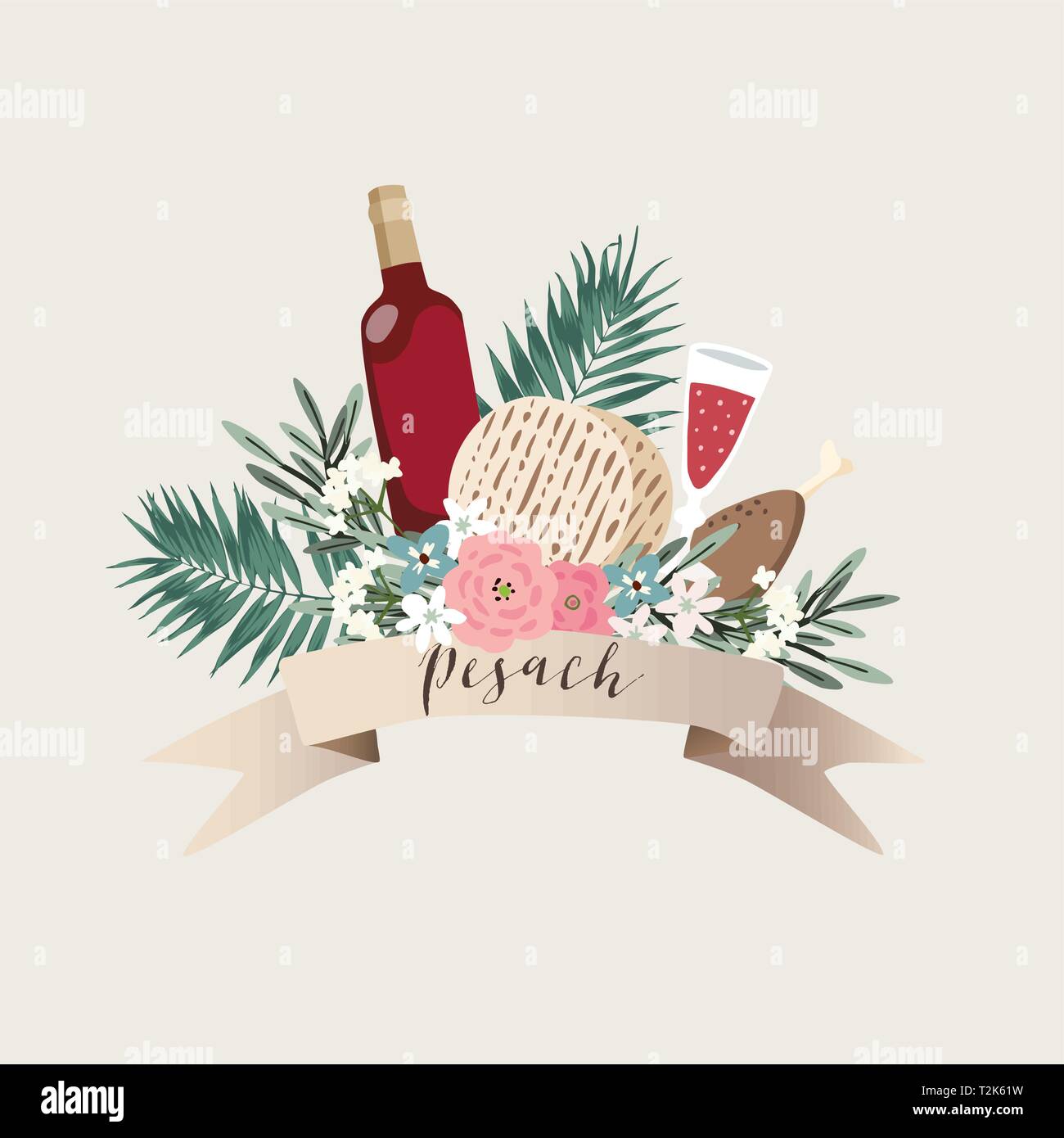 Jewish holiday Pesach, Passover greeting card. Hand drawn ribbon banner with bottle of wine
