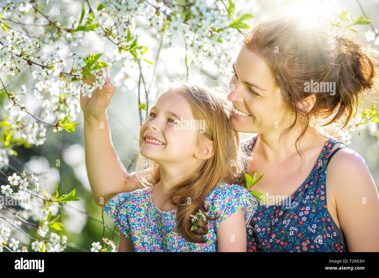 Mother and daughter in spring cherry blossom park Stock Photo Alamy