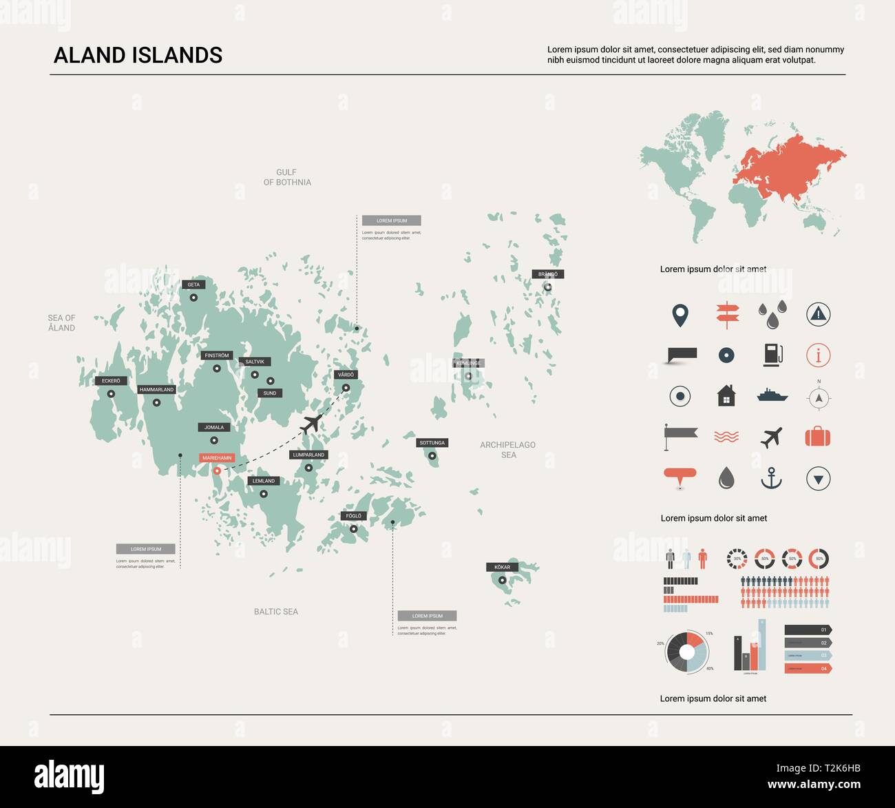 Vector map of Aland Islands .  High detailed country map with division, cities and capital Mariehamn. Political map,  world map, infographic elements. Stock Vector