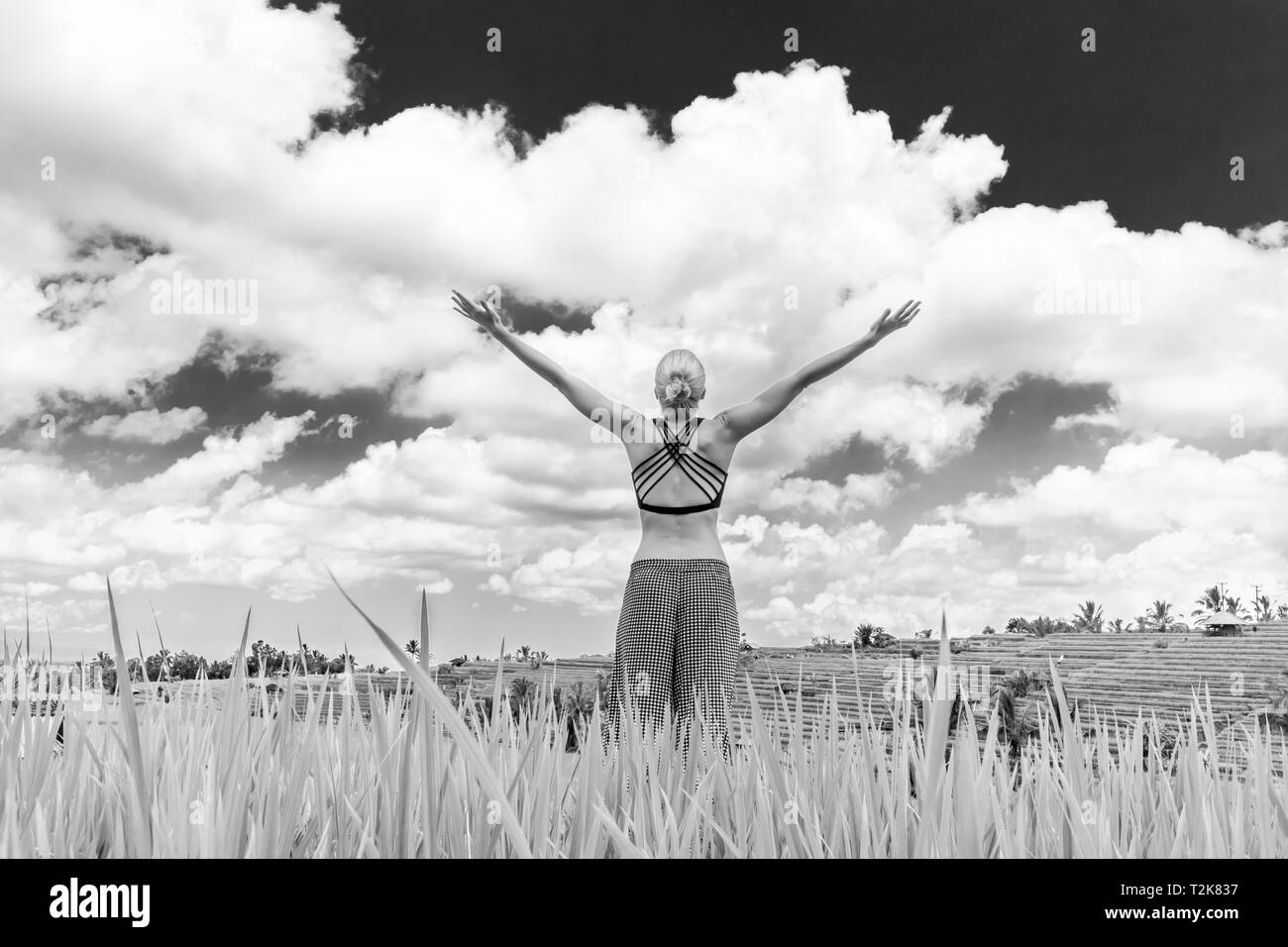 Relaxed healthy woman, arms rised, enjoying pure nature at beautiful green rice fields on Bali. Concept of healthy and clean environment, ecology, bal Stock Photo