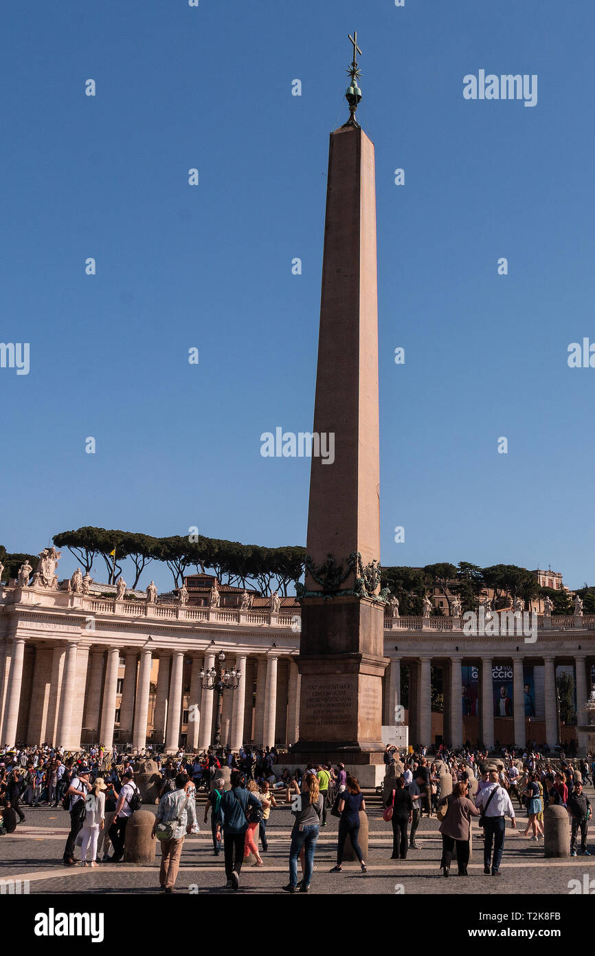 The obilisk in St Peter's Square, brought from Heliopolis in Egypt to Rome by Emperor Caligula in 37 A.D. Reerected in front of St Peter's  Basilica. Stock Photo