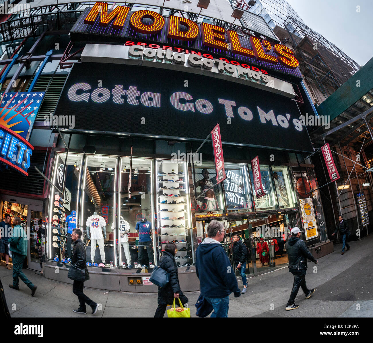 The Times Square location of the family-owned sporting goods chain, Modell's is seen in New York on Friday, March 29, 2019. Facing pressure from online and big box retailers Modell's Sporting Goods is reported to have hired an adviser on restructuring and a possible bankruptcy. (© Richard B. Levine) Stock Photo