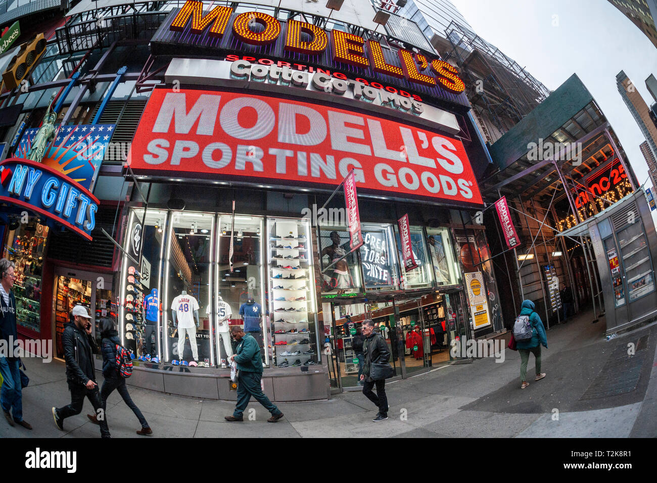 The Times Square location of the family-owned sporting goods chain, Modell's is seen in New York on Friday, March 29, 2019. Facing pressure from online and big box retailers Modell's Sporting Goods is reported to have hired an adviser on restructuring and a possible bankruptcy. (Â© Richard B. Levine) Stock Photo