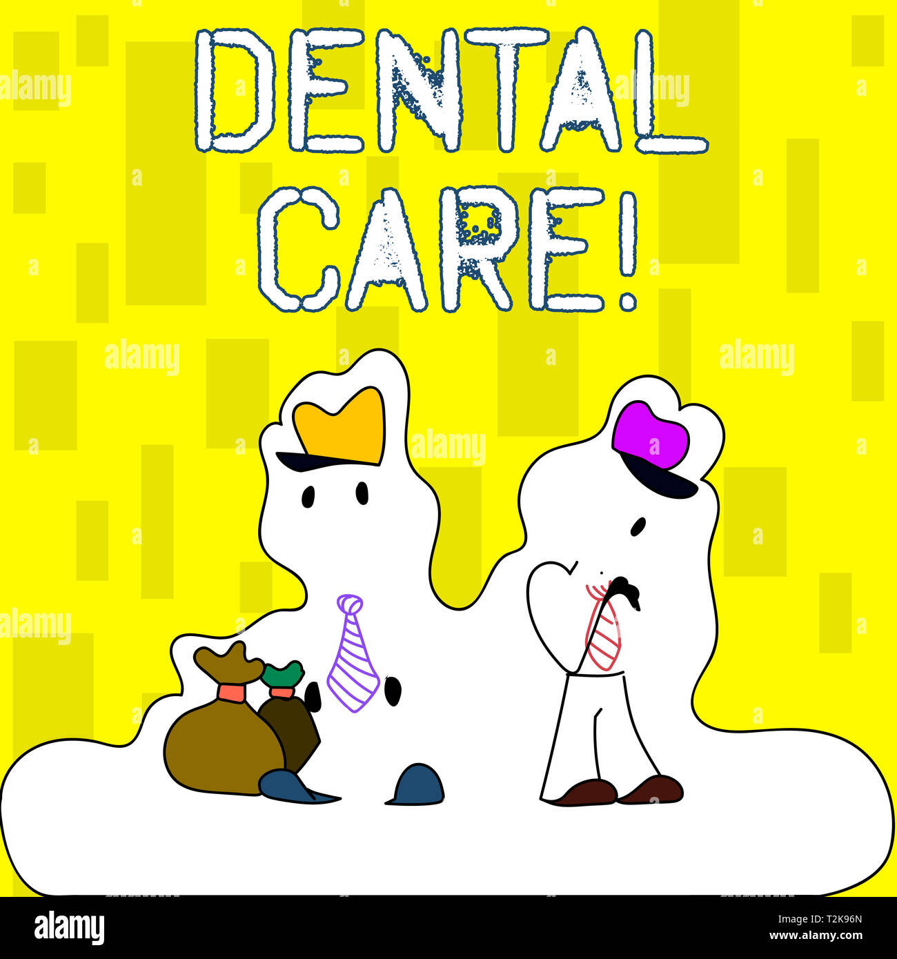 Handwriting text writing Dental Care. Conceptual photo maintenance of healthy teeth and may refer to Oral hygiene Figure of Two Men Standing with Pouc Stock Photo