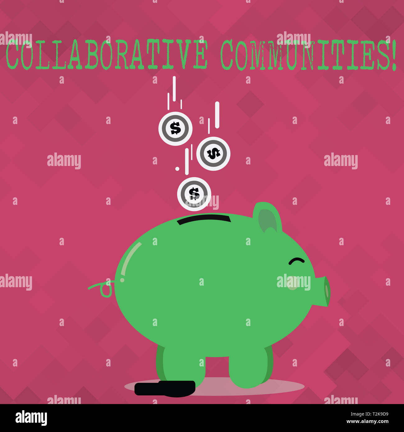 Handwriting text Collaborative Communities. Conceptual photo showing and organizations work achieve results Color Piggy Bank Sideview and Dollar Curre Stock Photo
