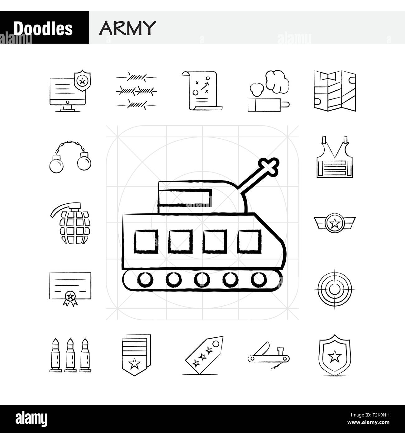 Army Hand Drawn Icons Set For Infographics, Mobile UX/UI Kit And Print Design. Include: Monitor, Badge, Enforcement, Law, Army, Barbed Wire, French, I Stock Vector