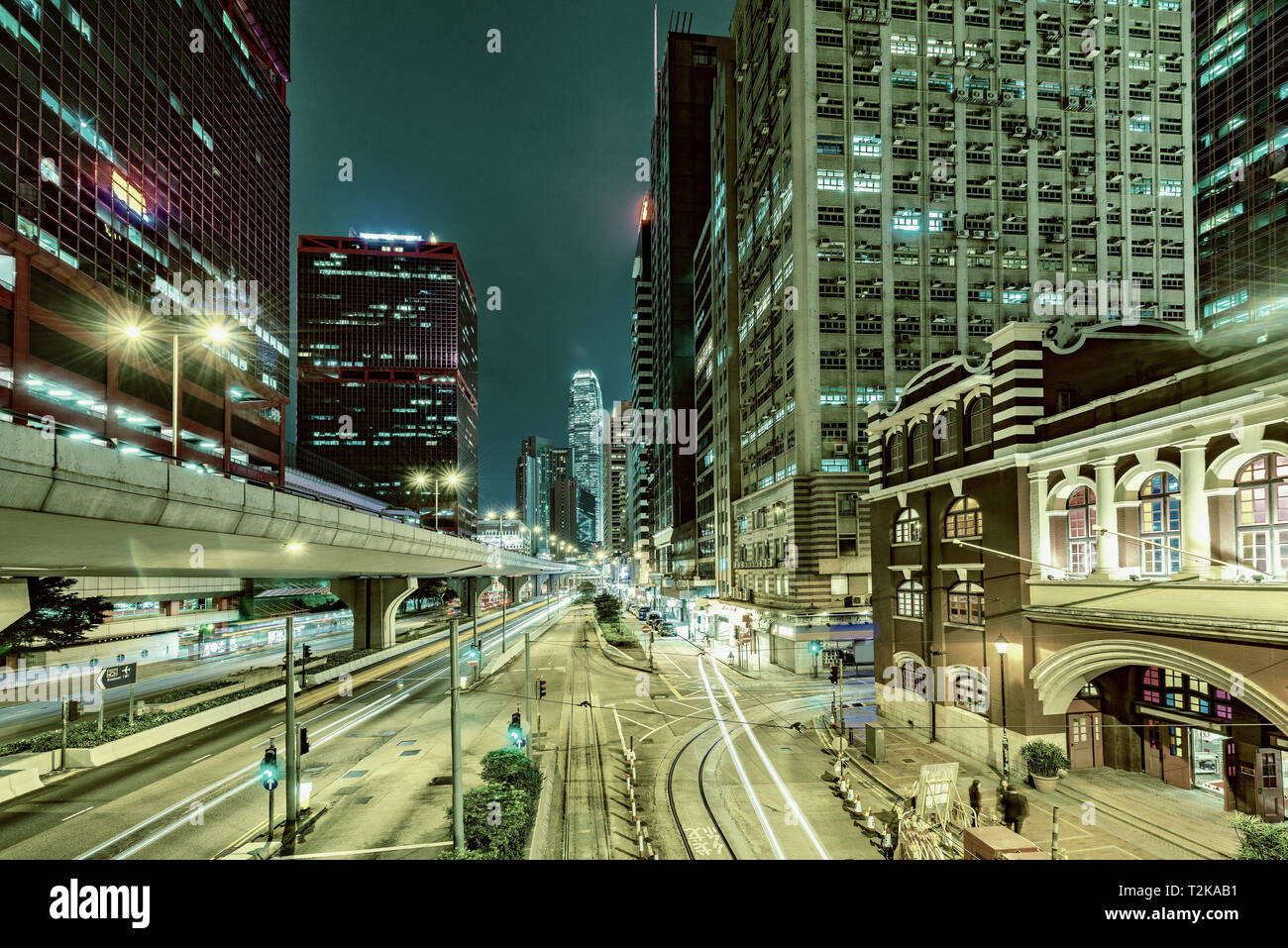 Night street view in Central city District. Hong Kong Stock Photo - Alamy