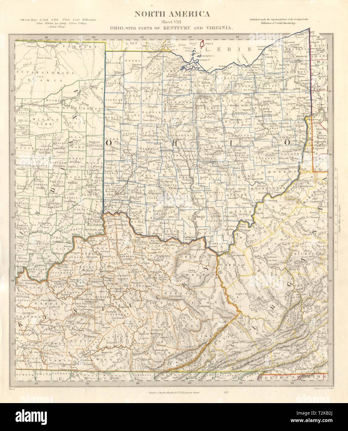 USA. Ohio with parts of Kentucky, Virginia & Indiana. Counties. SDUK 1846 map Stock Photo