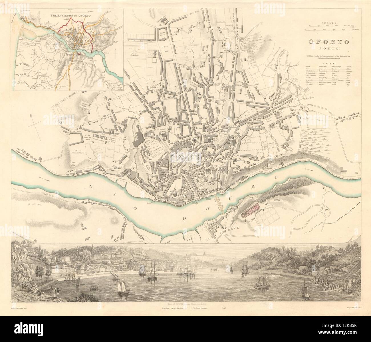 Porto Old Town Map Oporto Porto. Antique Town City Map Plan & Panorama. Inset Environs. Sduk  1847 Stock Photo - Alamy