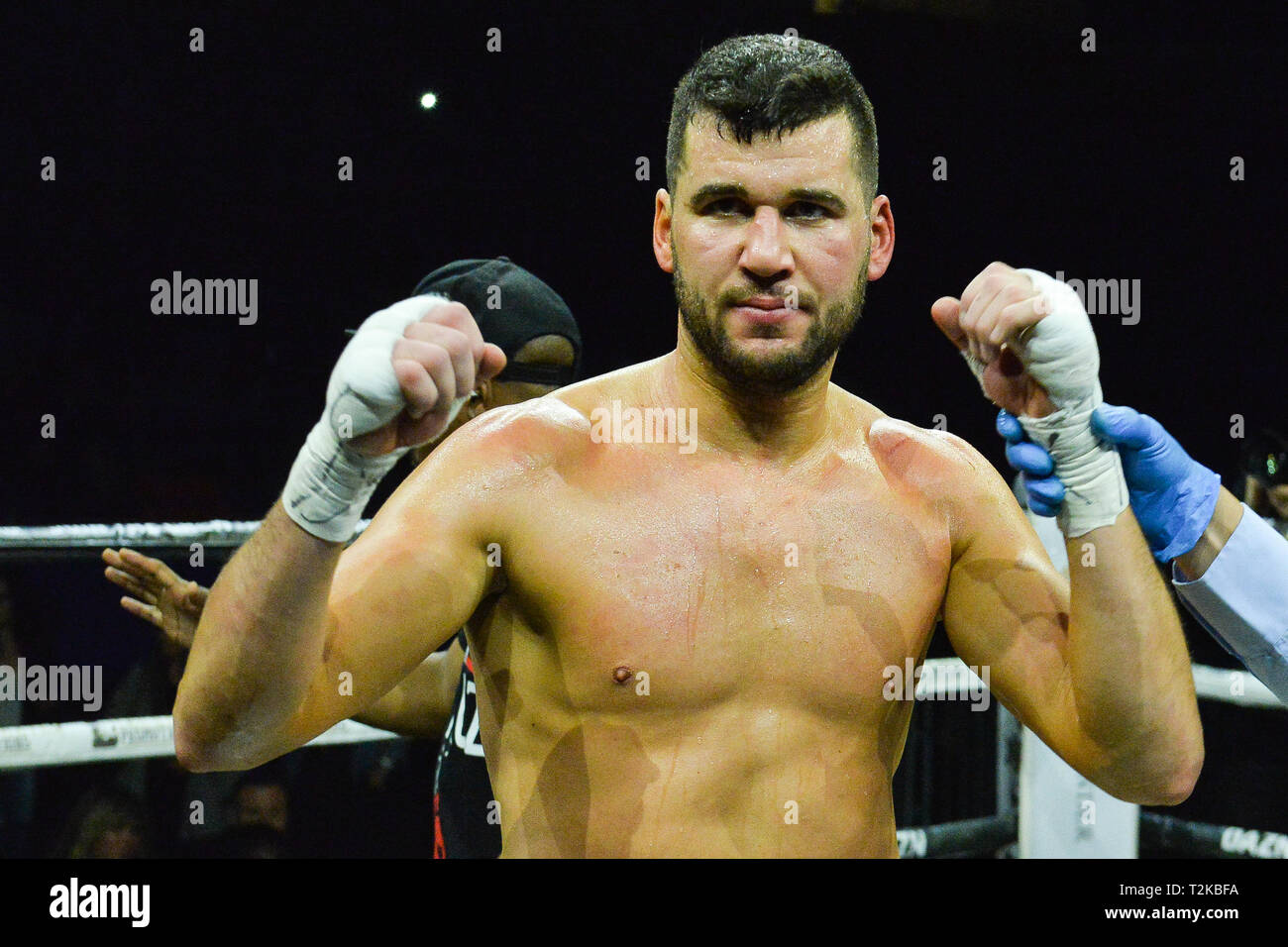 TORONTO, ON - MARCH 29, 2019: Nick Fantauzzi after the match against Maximiliano Corso during the TAKEOVER boxing event presents by Lee Baxter promoti Stock Photo