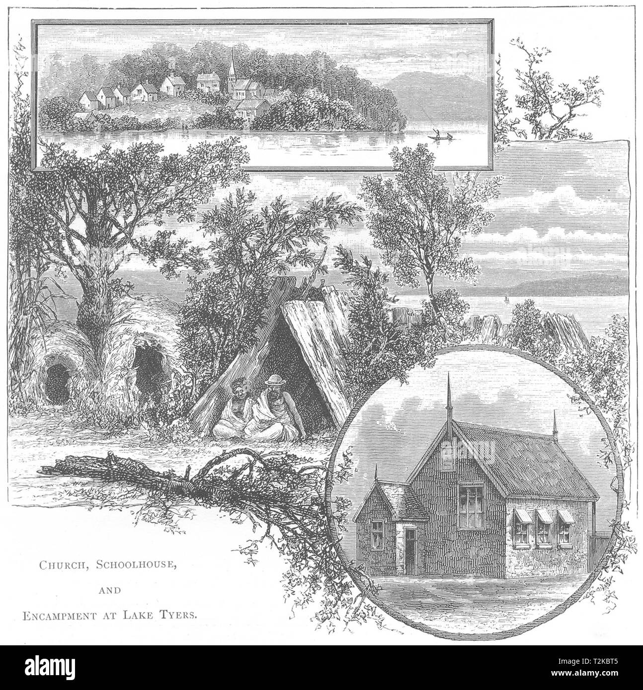AUSTRALIA. Aborigines. Church, Schoolhouse & Camp at lake Tyers 1886 old print Stock Photo