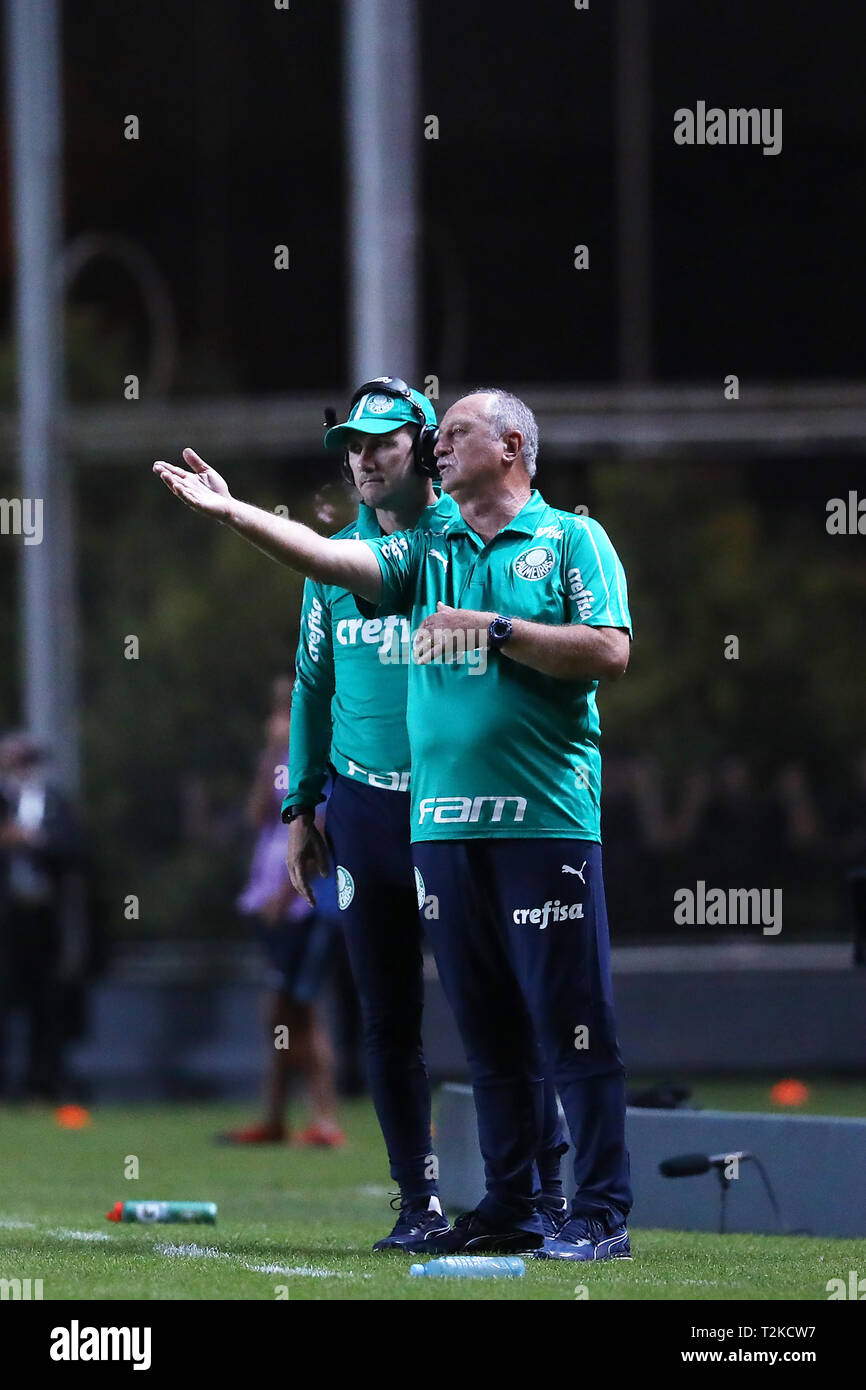 Buenos Aires, Argentina - April 02, 2019: Luis Felipe Scolari (DT of Palmeiras) giving directions to his team in the match against San Lorenzo for the Stock Photo