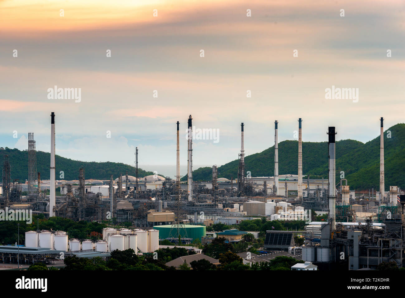 Aerial view of Oil and gas industry - refinery at twilight Stock Photo ...