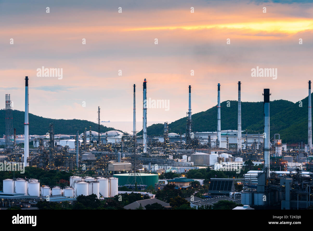 Aerial view of Oil and gas industry - refinery at twilight Stock Photo ...