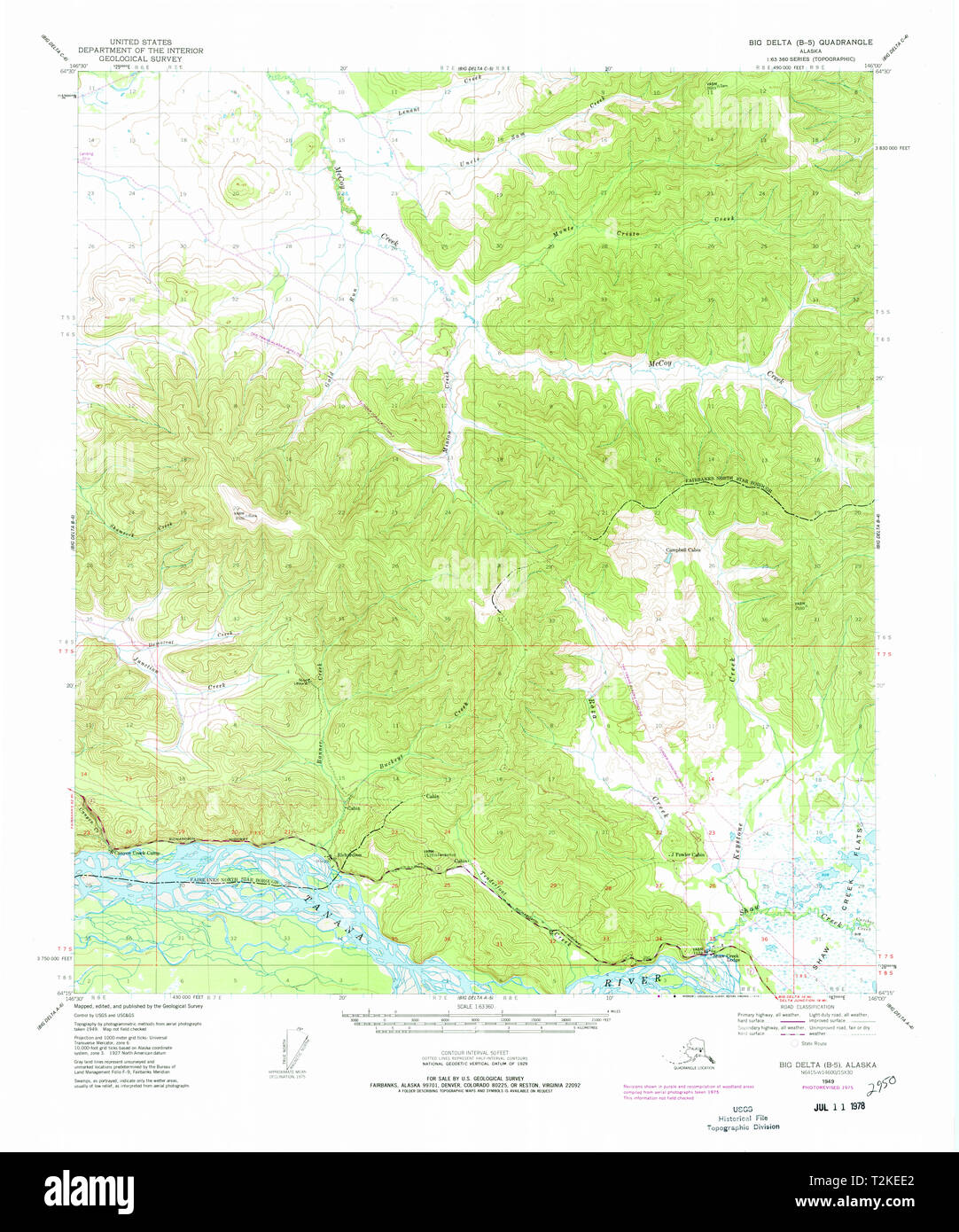 USGS TOPO Map Alaska AK Big Delta B-5 354551 1949 63360 Restoration Stock Photo