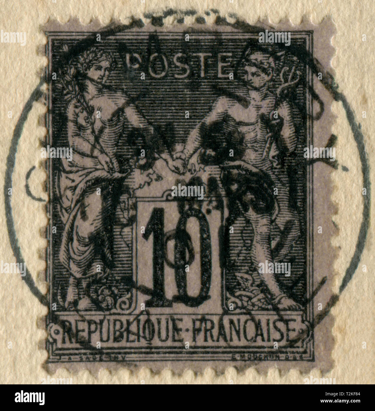 Savoie, Chambery, Republic of France - March 19 1901: French historical stamp: Pax and Mercur, the Roman gods are the patrons of peace and trade Stock Photo