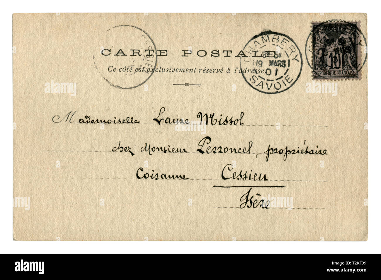 Back of French historical postcard: with postage stamp Pax and Mercur, the Roman gods, handwriting calligraphy, cancellation Savoie, Chambery, 1901 Stock Photo