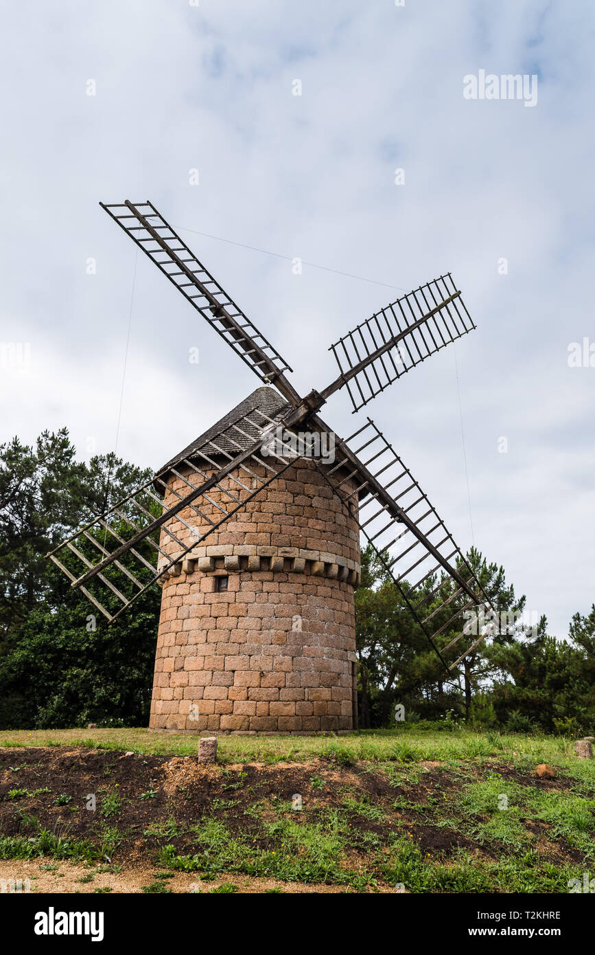 Perros-Guirec, France - July 30, 2018: Windmill of Crach at Clarte in Brittany Stock Photo