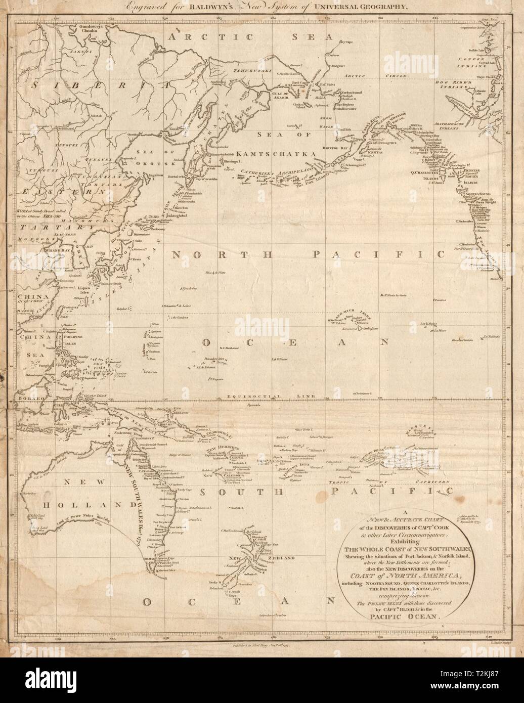 A New & Accurate Chart of the Discoveries of Captn Cook… CONDER 1794 old map Stock Photo