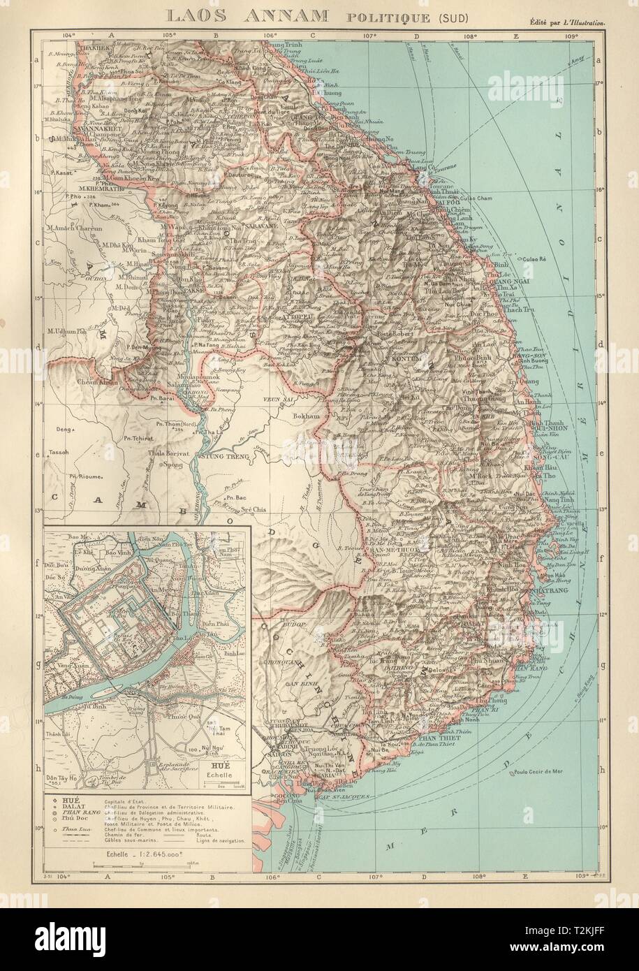 FRENCH INDOCHINA Indochine. South Laos & Annam. Vietnam. Hue city plan 1931 map Stock Photo