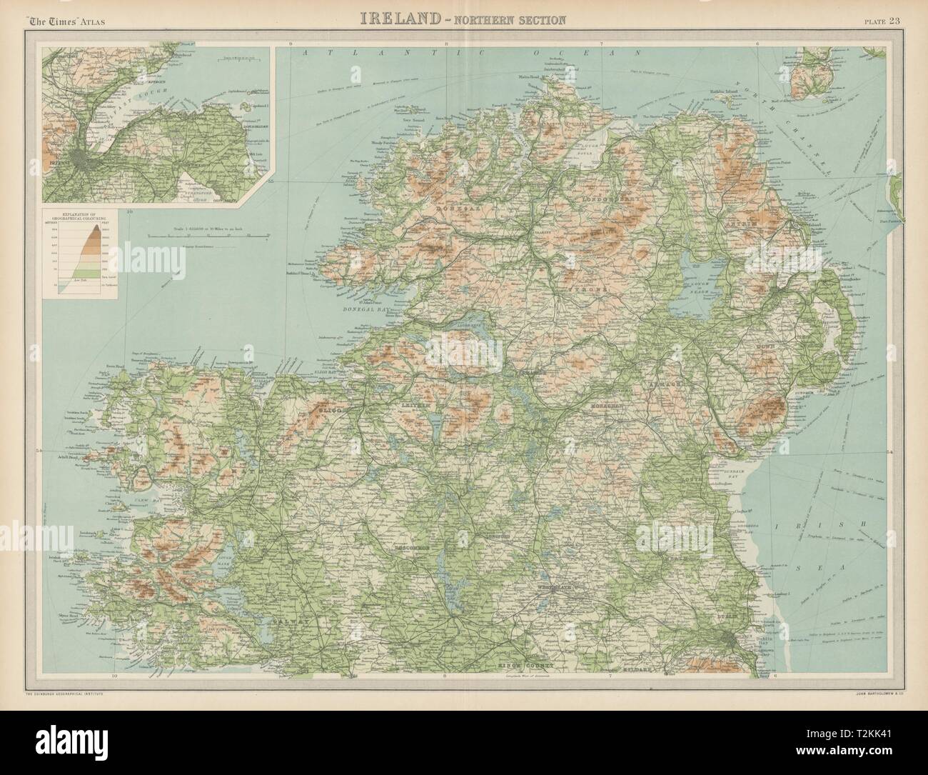 Ireland - northern section. Ulster. Relief & railways. THE TIMES 1922 old map Stock Photo