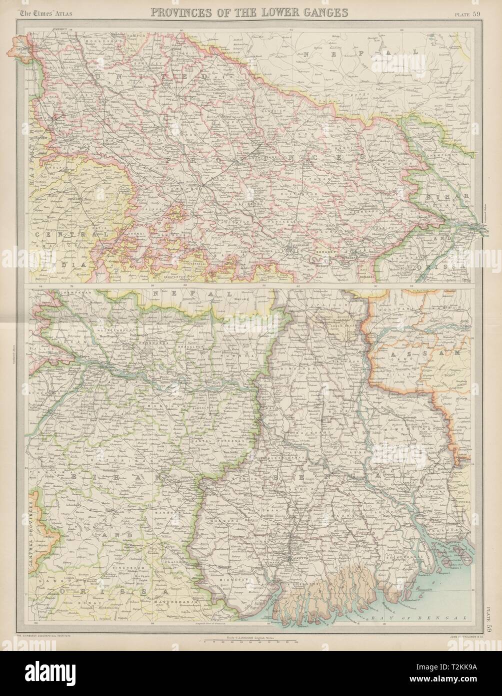 British India. Lower Ganges. United Provinces Bihar Bengal. TIMES 1922 old map Stock Photo