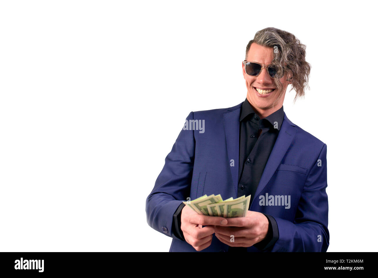 Businessman throwing money on white background. Man in suit wear wasting money, throwing