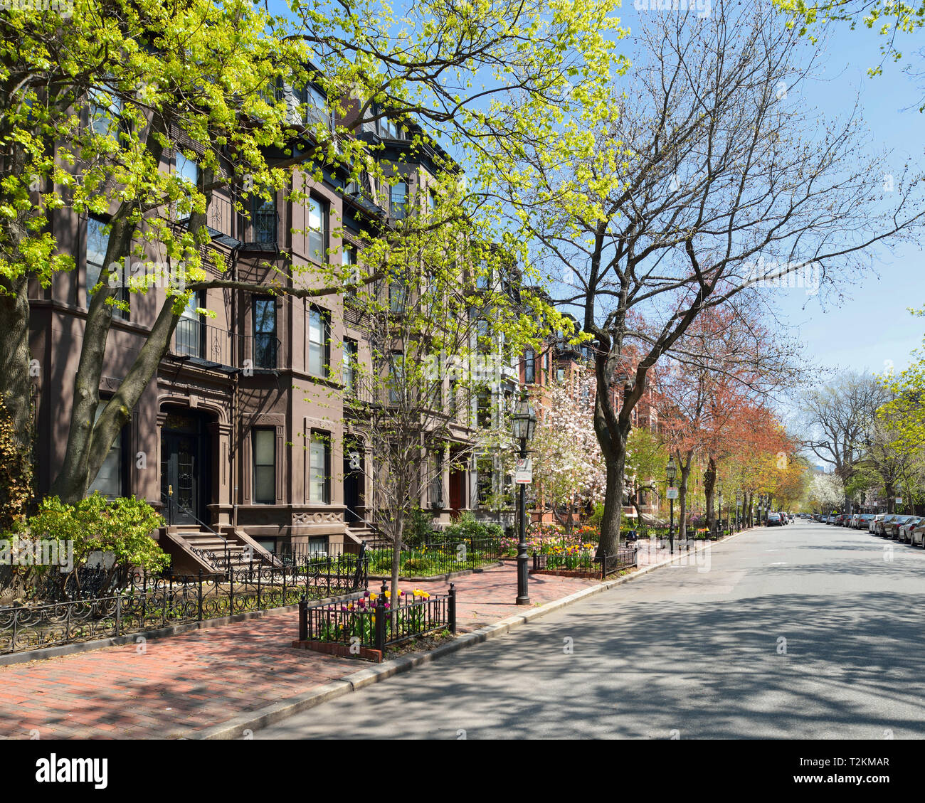 Back Bay brownstones in Boston, Massachusetts. Marlborough Street in the spring Stock Photo