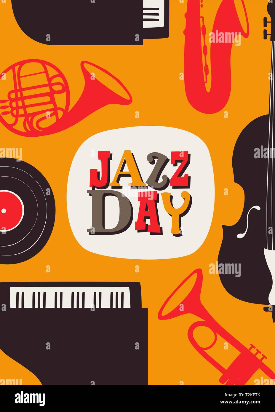 Jazz Day poster illustration for music festival event or concert. Retro background with vintage style band instruments. Stock Vector