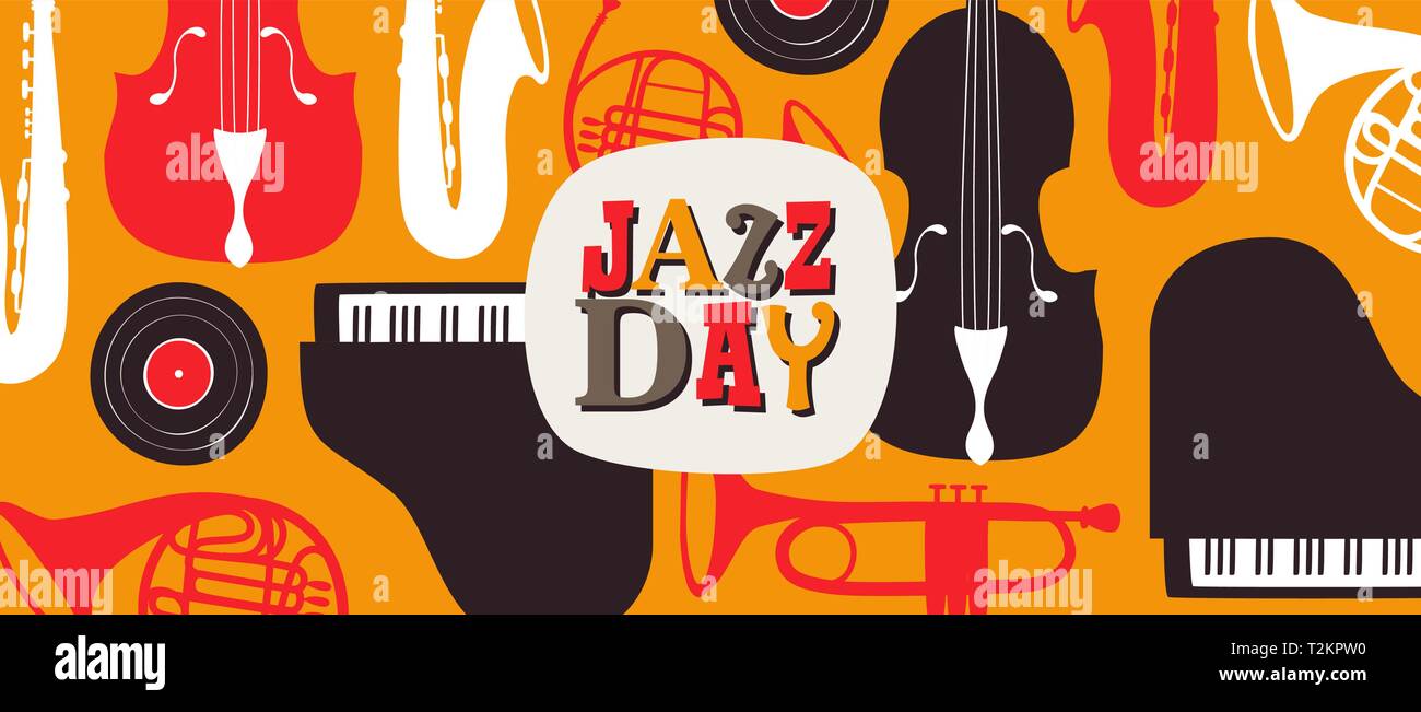 Jazz Day banner illustration for music festival event or concert. Retro background with vintage style band instruments. Stock Vector