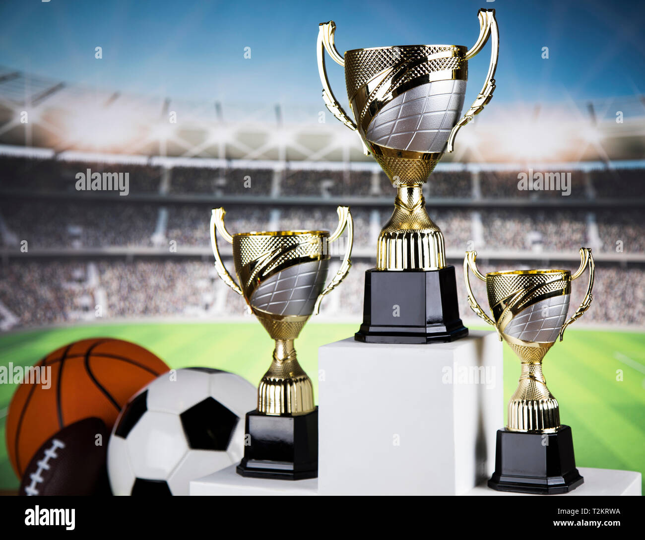 Winner trophy, Sport equipment and balls Stock Photo Alamy