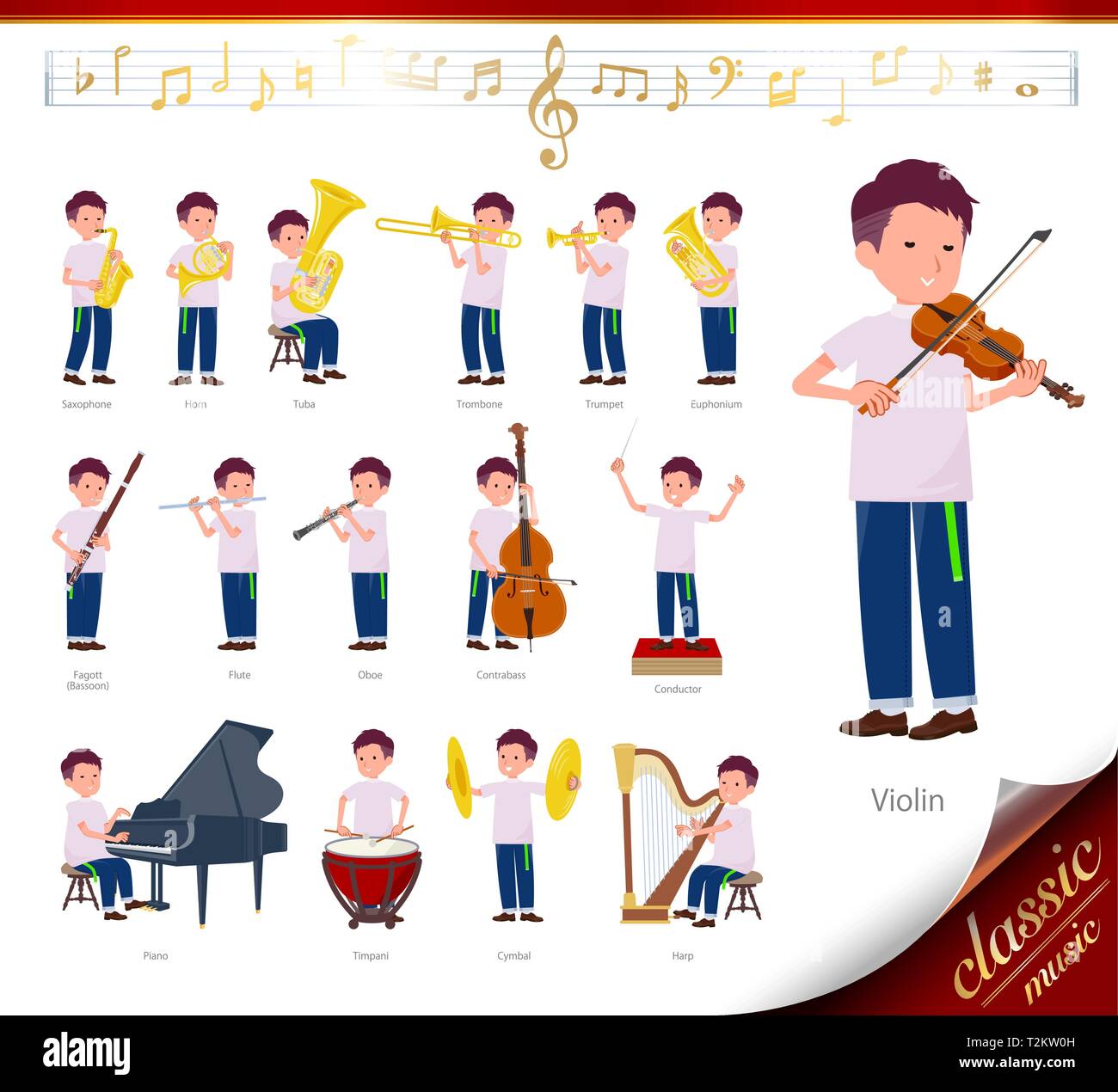 A set of young man on classical music performances.There are actions to play various instruments