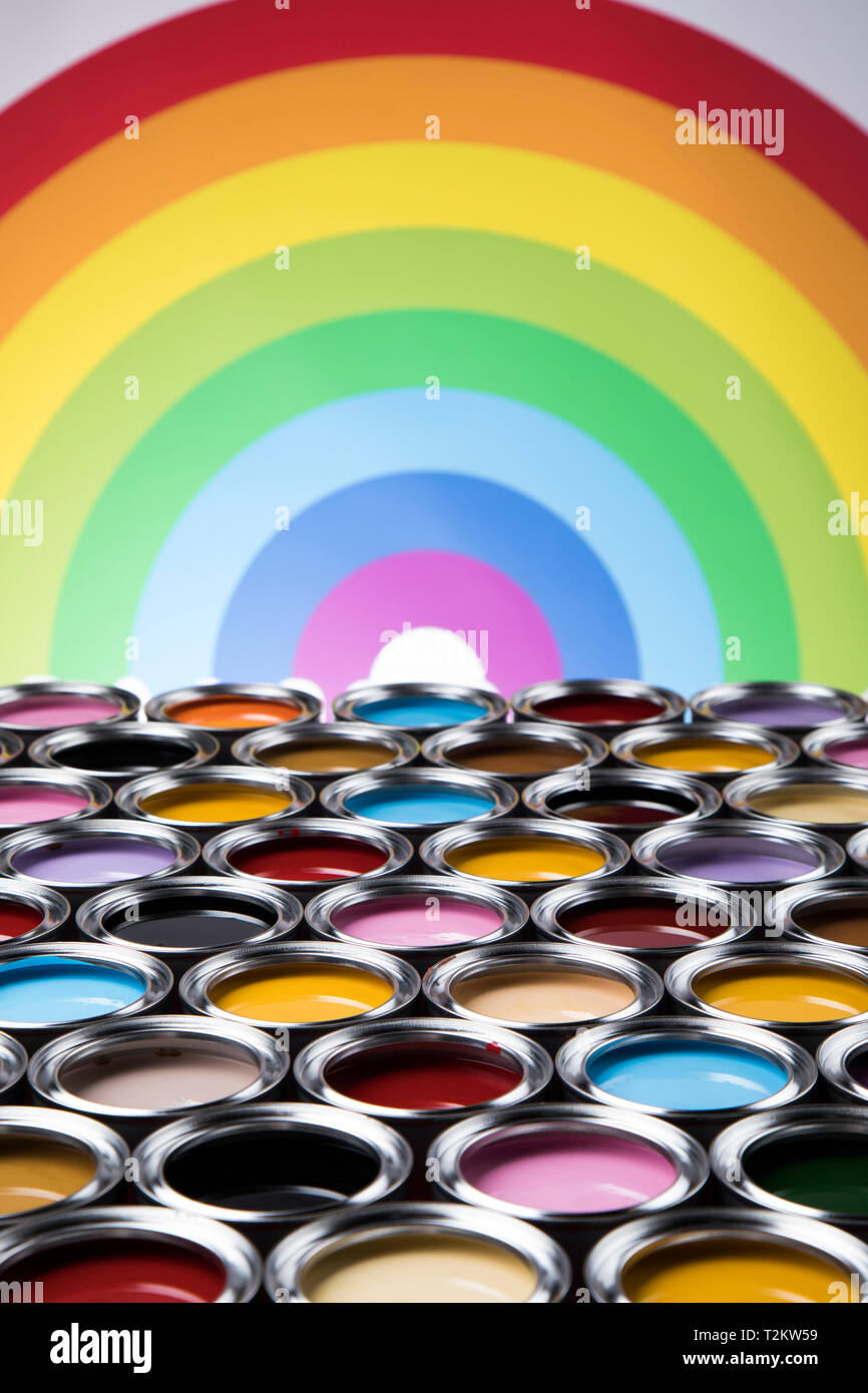 Creativity concept group of tin metal cans with color paint Stock Photo ...