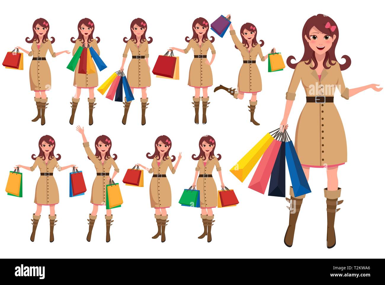 Shopping Woman Cartoon Character Set Girl Vector Characters Holding Shopping Bags With Fashion Clothes Standing In Different Posture Vector Stock Vector Image Art Alamy
