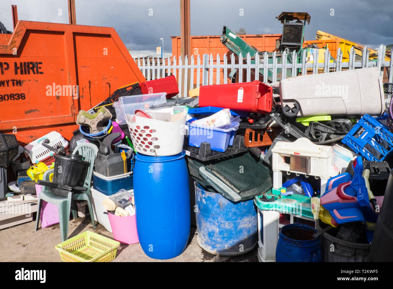 Plastic,plastics,goods,container,containers,Recycling,recycle,reuse,waste,rubbish,tip,centre,center,Aberystwyth,West Wales,Mid Wales,Welsh,UK,GB, Stock Photo