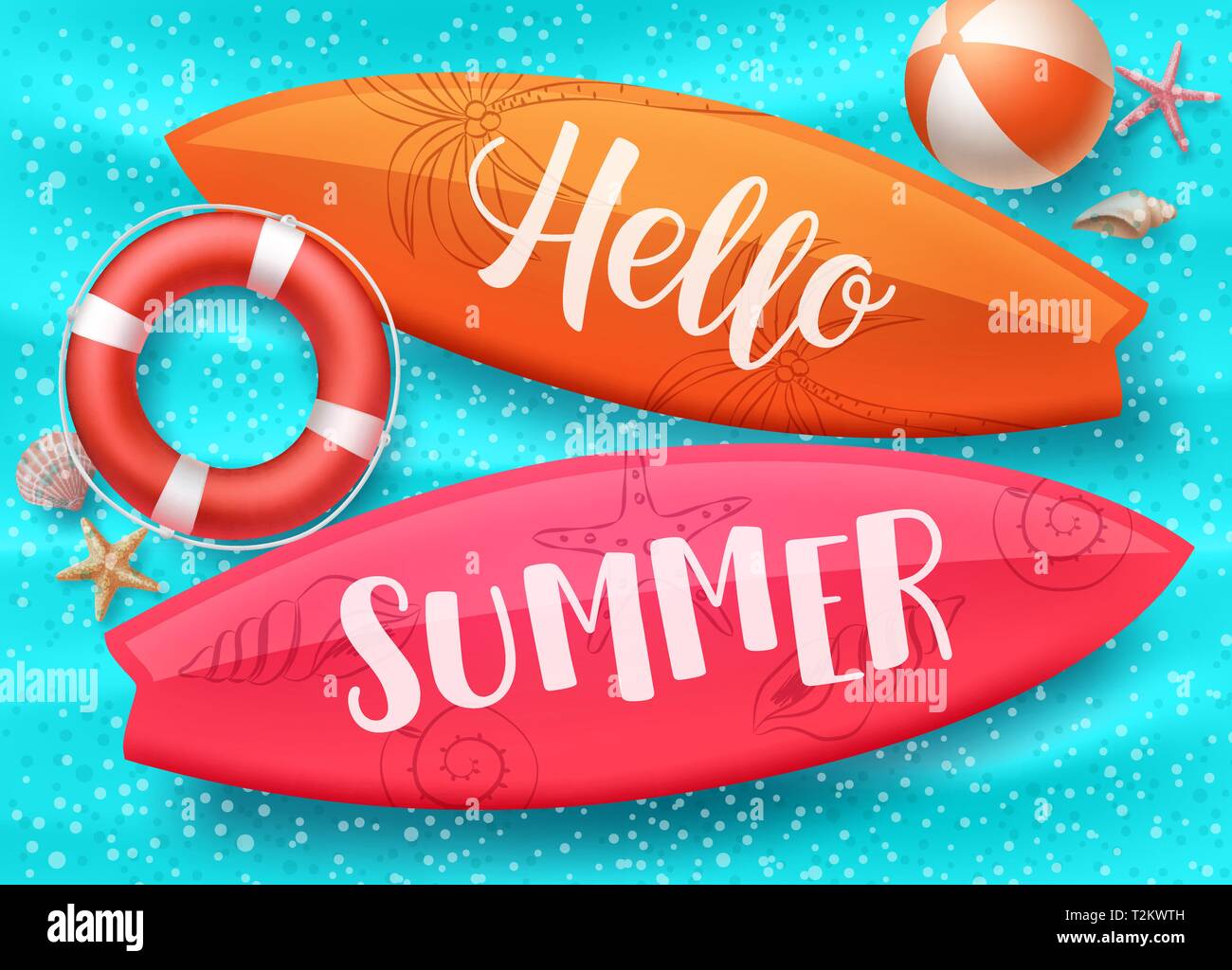 Hello summer vector design with surfboard floating in blue water pool ...