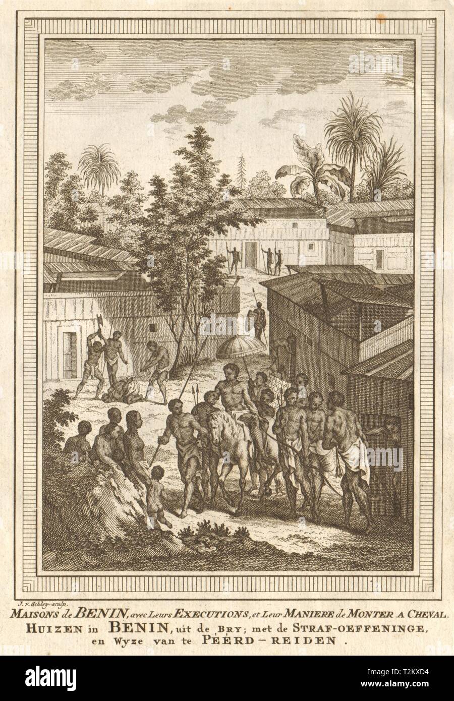 Houses of Benin, executions & sidesaddle method of horseback riding. SCHLEY 1748 Stock Photo