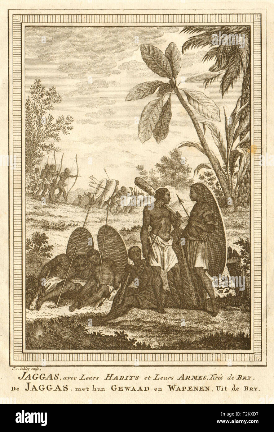 Jaggas avec leurs habits & leurs Armes. Congo. Jagas people. Weapons SCHLEY 1748 Stock Photo