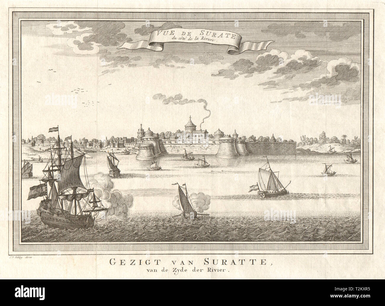 'Vue de Surate, du côté de la rivière'. View of Surat. Gujarat India SCHLEY 1755 Stock Photo
