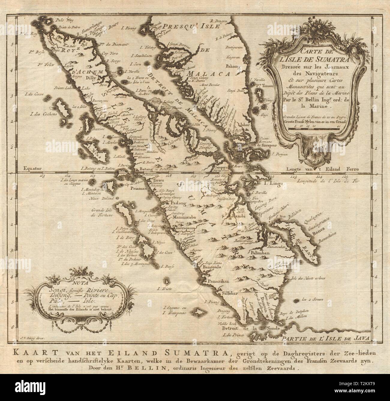 'Carte de l’lsle de Sumatra'. Malay peninsula Singapore. BELLIN/SCHLEY 1755 map Stock Photo