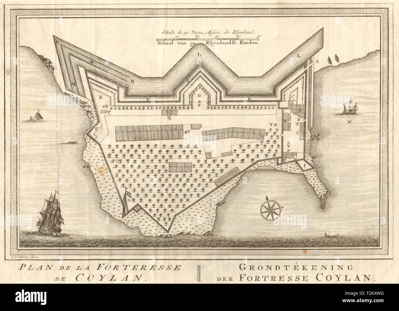 'Plan de la Forteresse de Coylan'. Kollam, Kerala. BELLIN/SCHLEY 1755 old map Stock Photo