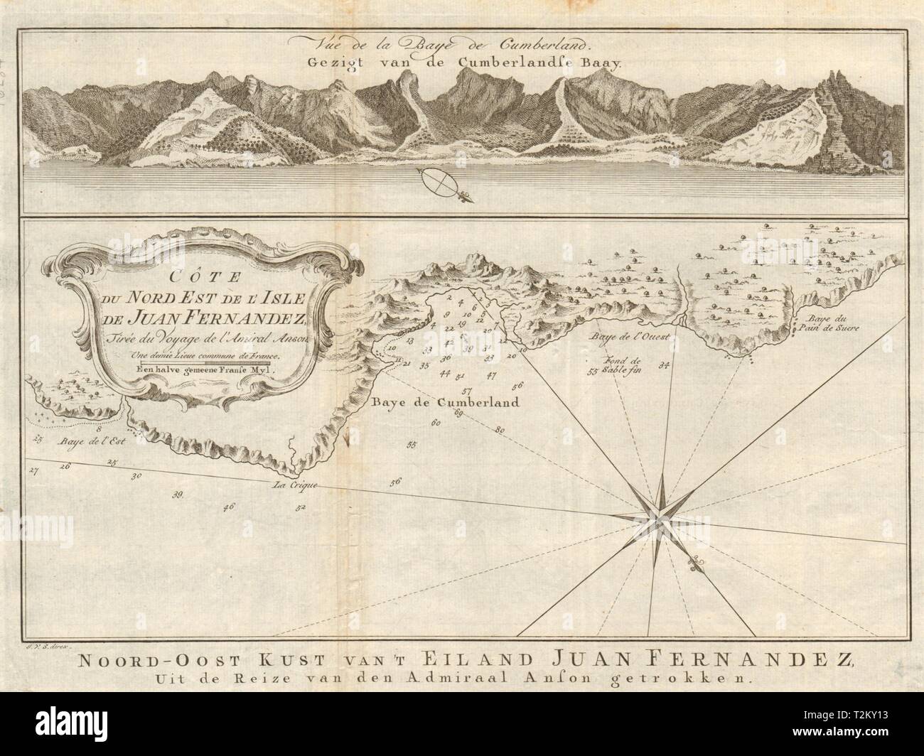 San Juan Bautista, Isla Robinson Crusoe, Juan Fernandez. BELLIN/SCHLEY 1757 map Stock Photo