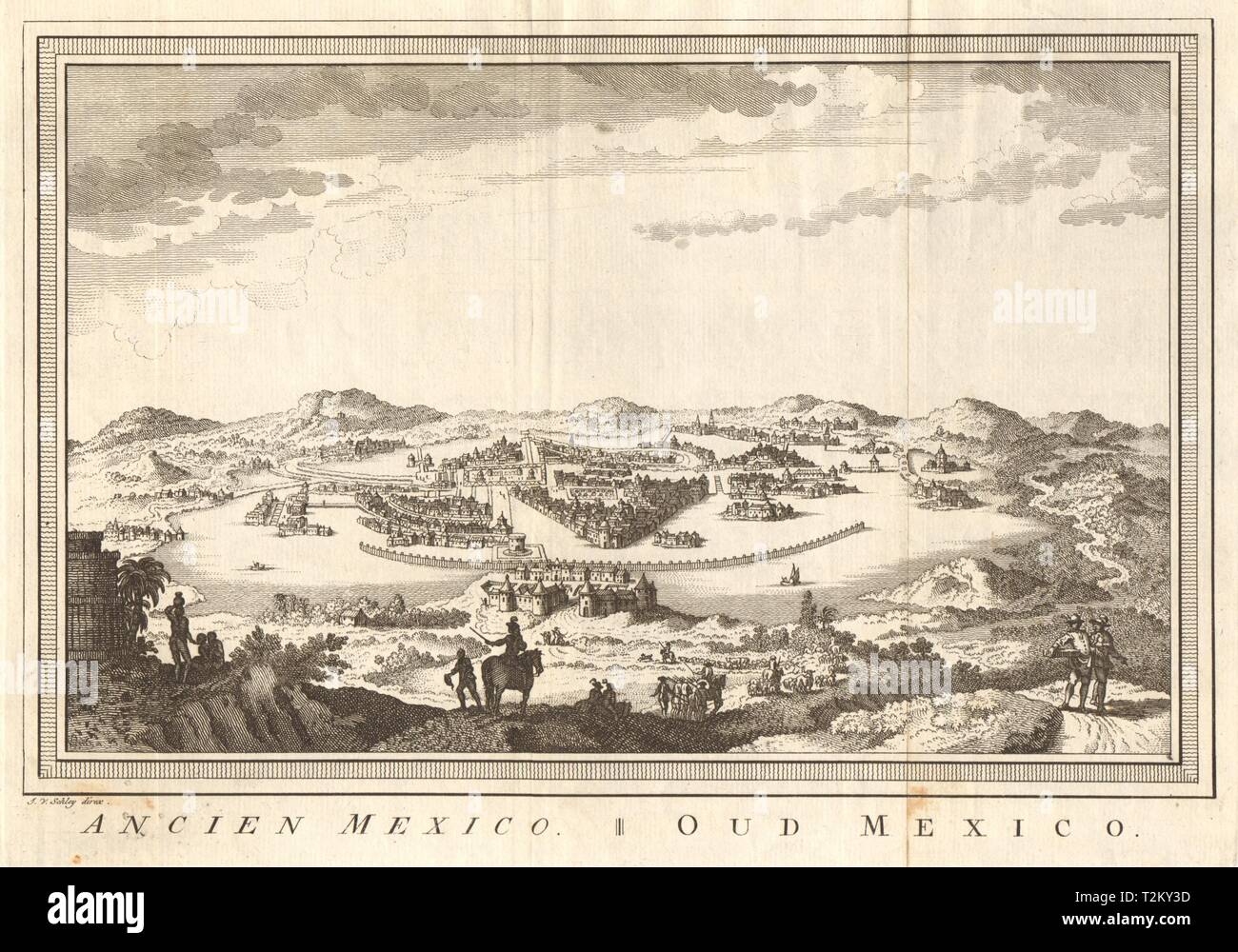 'Ancien Mexico'. Old colonial Mexico City & Lake Texcoco. SCHLEY 1758 print Stock Photo