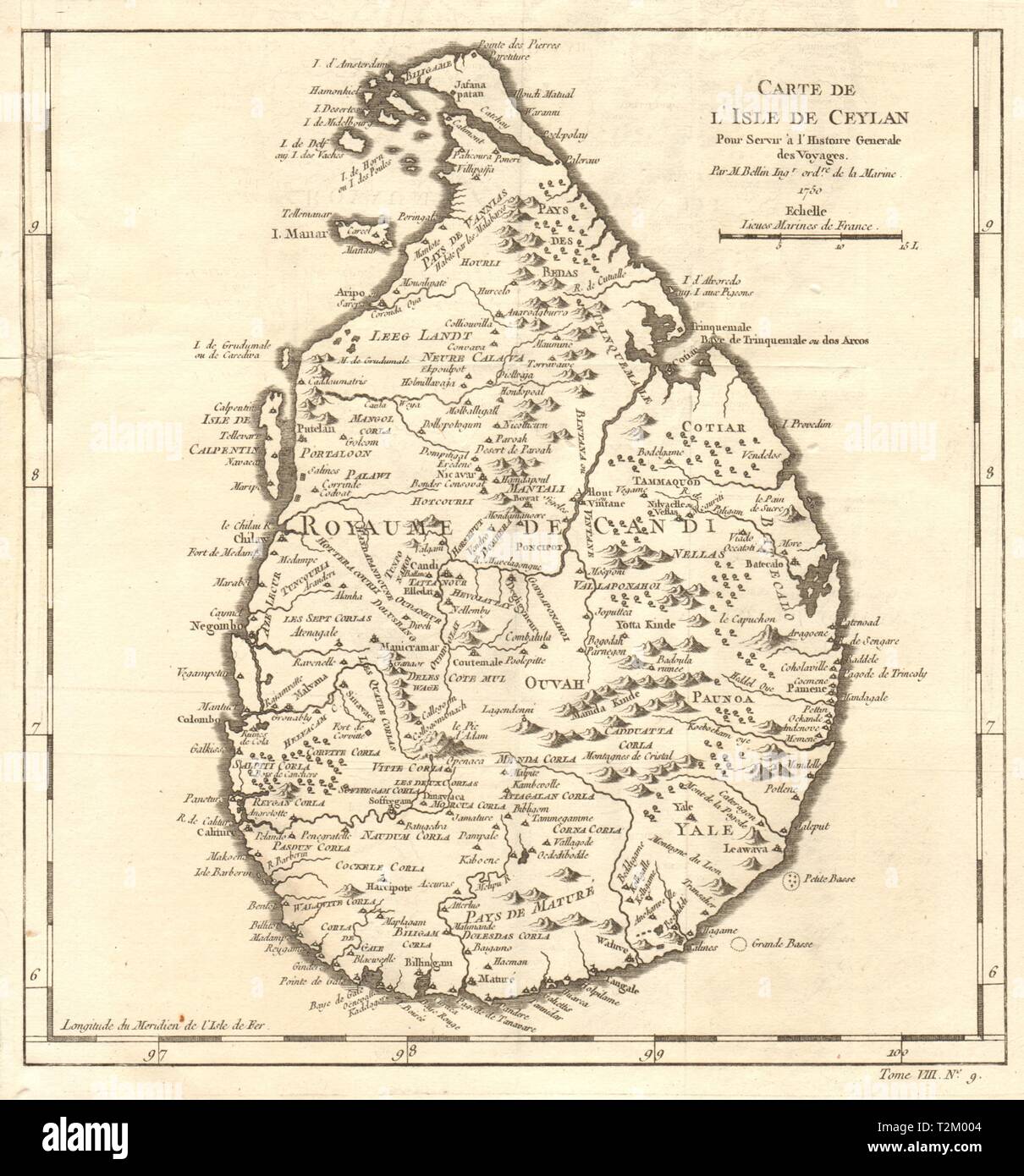 'Carte de l’lsle de Ceylan'. Sri Lanka. Island of Ceylon. BELLIN 1750 old map Stock Photo
