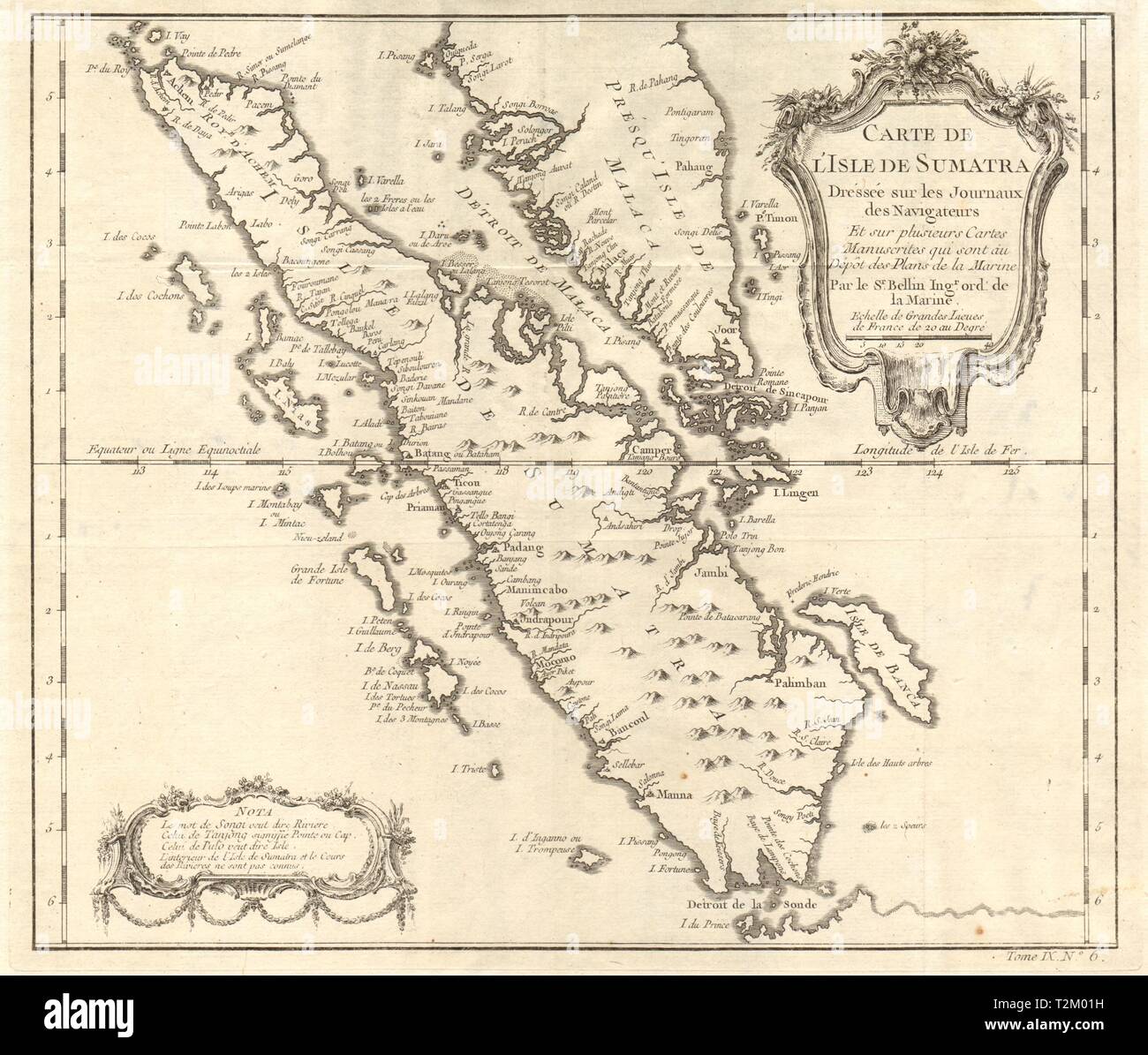 'Carte de l’lsle de Sumatra'. Malay peninsula. Singapore Strait. BELLIN 1751 map Stock Photo