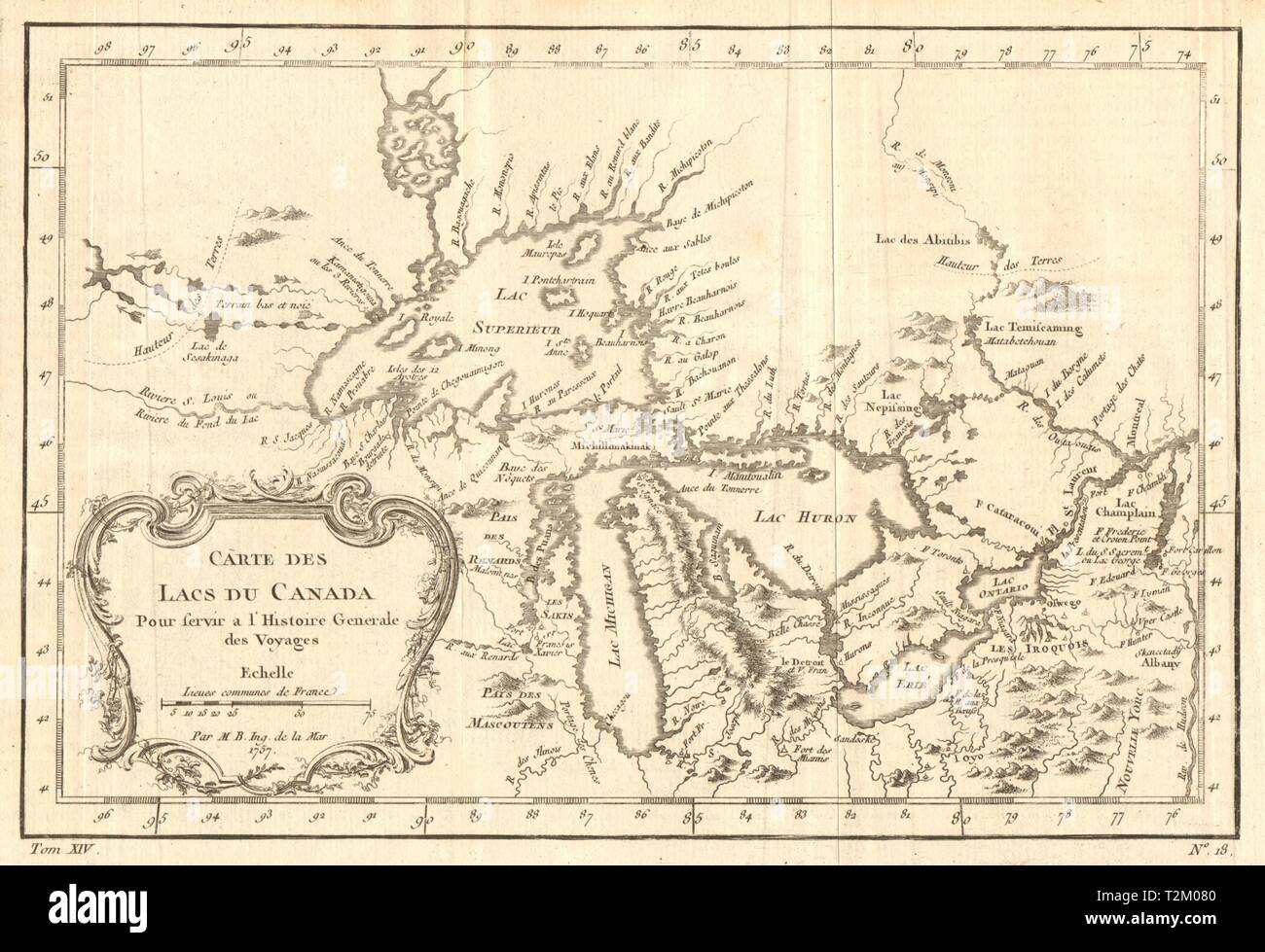 'Cartes des Lac du Canada'. The Great Lakes of North America. BELLIN 1757 map Stock Photo